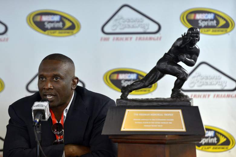 LONG POND, PA - AUGUST 03:  Heisman Trophy winner Tim Brown speaks to the media during a press conference before practice for the NASCAR Sprint Cup Series Pennsylvania 400 at Pocono Raceway on August 3, 2012 in Long Pond, Pennsylvania.  (Photo by Drew Hallowell/Getty Images for NASCAR)