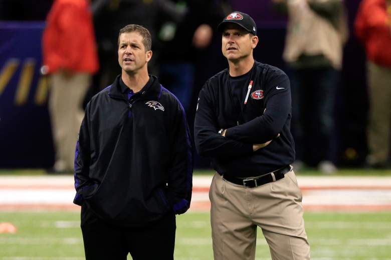 NEW ORLEANS, LA - FEBRUARY 03: Head coach John Harbaugh of the Baltimore Ravens (L) and head coach Jim Harbaugh of the San Francisco 49ers speak during warm ups prior to Super Bowl XLVII at the Mercedes-Benz Superdome on February 3, 2013 in New Orleans, Louisiana. (Photo by Jamie Squire/Getty Images)