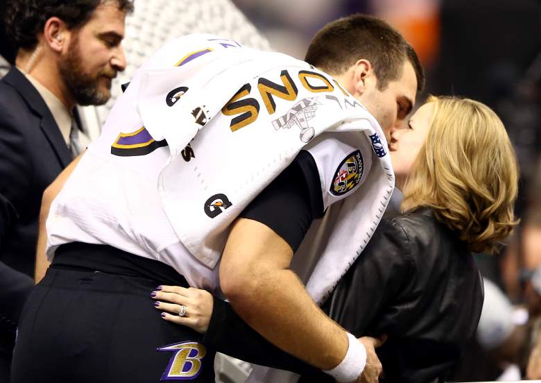 NEW ORLEANS, LA - FEBRUARY 03: Super Bowl MVP Joe Flacco #5 of the Baltimore Ravens kisses his wife Dana as he celebrates after the Ravens won 34-31 against the San Francisco 49ers during Super Bowl XLVII at the Mercedes-Benz Superdome on February 3, 2013 in New Orleans, Louisiana. (Photo by Al Bello/Getty Images)