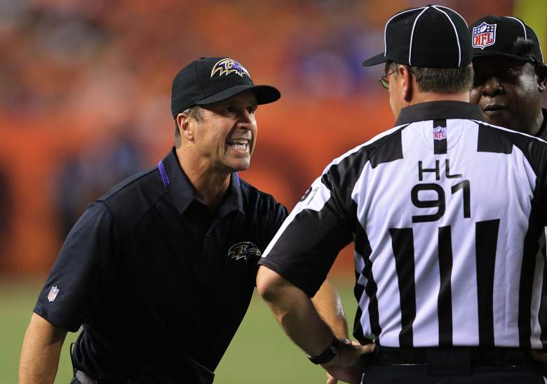 DENVER, CO - SEPTEMBER 5: Head coach John Harbaugh of the Baltimore Ravens argues with the referees in the first half against the Denver Broncos during the game at Sports Authority Field at Mile High on September 5, 2013 in Denver Colorado. (Photo by Doug Pensinger/Getty Images)