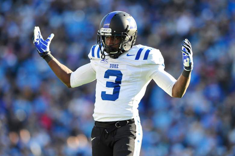 CHAPEL HILL, NC - NOVEMBER 30: Jamison Crowder #3 of the Duke Blue Devils encourages the crowd during a game against the North Carolina Tar Heels at Kenan Stadium on November 30, 2013 in Chapel Hill, North Carolina. Duke won 27-25. (Photo by Grant Halverson/Getty Images)