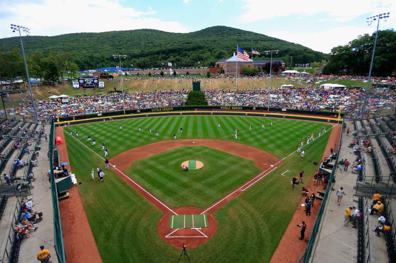 SOUTH WILLIAMSPORT, PA - AUGUST 24: Team Asia-Pacific bats against the Great Lakes Team from Chicago, Illinois during the Little League World Series Championship game at Lamade Stadium on August 24, 2014 in South Williamsport, Pennsylvania. (Photo by Rob Carr/Getty Images)