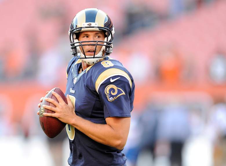 CLEVELAND, OH - AUGUST 23: Sam Bradford #8 of the St. Louis Rams warms up prior to the preseason game against the Cleveland Browns at FirstEnergy Stadium on August 23, 2014 in Cleveland, Ohio. (Photo by Joe Sargent/Getty Images)