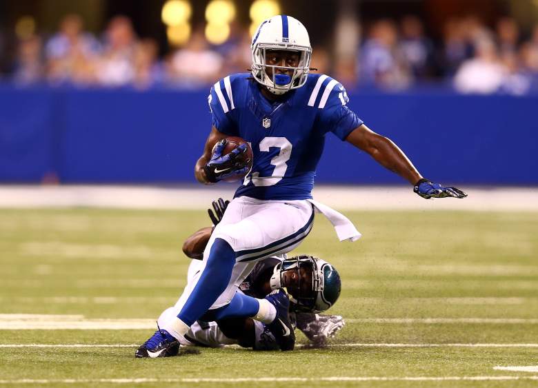 INDIANAPOLIS, IN - SEPTEMBER 15: Wide receiver T.Y. Hilton #13 of the Indianapolis Colts is tackled by cornerback Brandon Boykin #22 of the Philadelphia Eagles during a game at Lucas Oil Stadium on September 15, 2014 in Indianapolis, Indiana. (Photo by Andy Lyons/Getty Images)