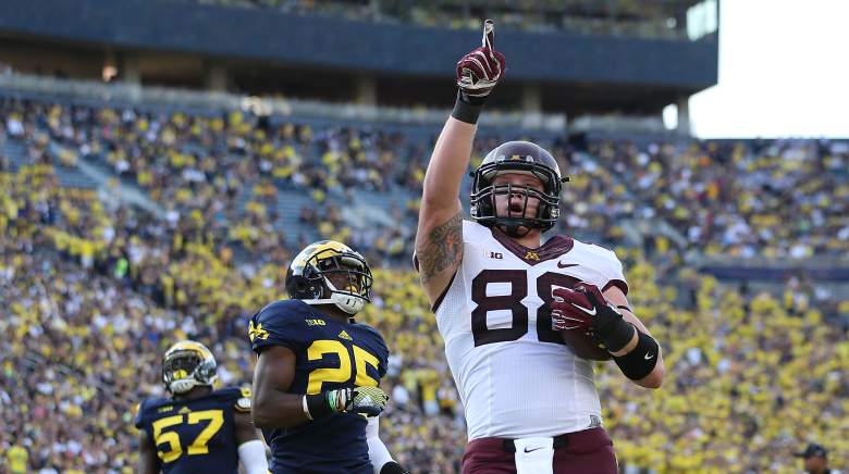 ANN ARBOR, MI - SEPTEMBER 27: Maxx Williams #88 of the Minnesota Golden Gophers celebrates after scoring a one yard touchdown during the third quarter of the game against the Michigan Wolverines at Michigan Stadium on September 27, 2014 in Ann Arbor, Michigan. (Photo by Leon Halip/Getty Images)