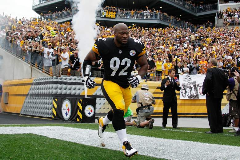 PITTSBURGH, PA - SEPTEMBER 28: James Harrison #92 of the Pittsburgh Steelers is introduced prior to the game against the Tampa Bay Buccaneers at Heinz Field on September 28, 2014 in Pittsburgh, Pennsylvania. (Photo by Justin K. Aller/Getty Images)
