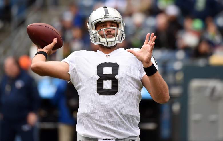 SEATTLE, WA - NOVEMBER 02: Quarterback Matt Schaub #8 of the Oakland Raiders warms up before the game against the Seattle Seahawks at CenturyLink Field on November 2, 2014 in Seattle, Washington.  (Photo by Steve Dykes/Getty Images)