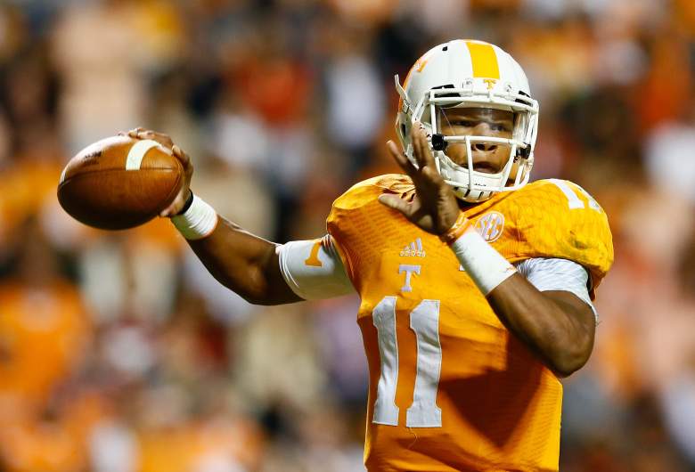 KNOXVILLE, TN - OCTOBER 25: Joshua Dobbs #11 of the Tennessee Volunteers against the Alabama Crimson Tide at Neyland Stadium on October 25, 2014 in Knoxville, Tennessee. (Photo by Kevin C. Cox/Getty Images)