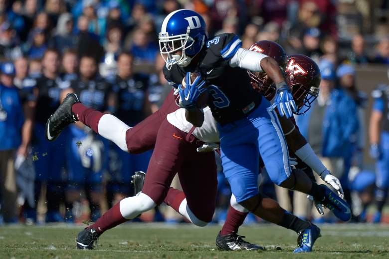 CHAPEL HILL, NC - NOVEMBER 15:  Jamison Crowder #3 of the Duke Blue Devils spins out of a tackle during their game against the Virginia Tech Hokies at Wallace Wade Stadium Stadium on November 15, 2014 in Chapel Hill, North Carolina.  (Photo by Grant Halverson/Getty Images)