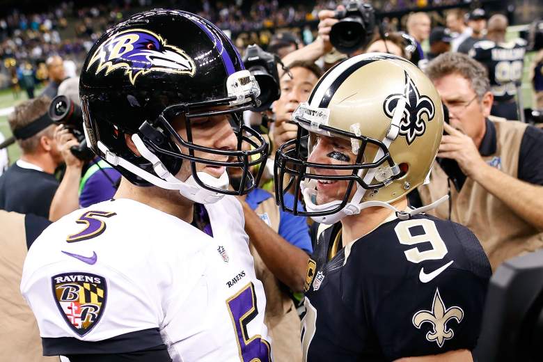 NEW ORLEANS, LA - NOVEMBER 24: Joe Flacco #5 of the Baltimore Ravens and Drew Brees #9 of the New Orleans Saints speak at midfield following a game at the Mercedes-Benz Superdome on November 24, 2014 in New Orleans, Louisiana. (Photo by Wesley Hitt/Getty Images)