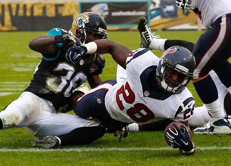 JACKSONVILLE, FL - DECEMBER 07:  Alfred Blue #28 of the Houston Texans crosses the goal line for a touchdown during the game against the Jacksonville Jaguars at EverBank Field on December 7, 2014 in Jacksonville, Florida.  (Photo by Sam Greenwood/Getty Images)