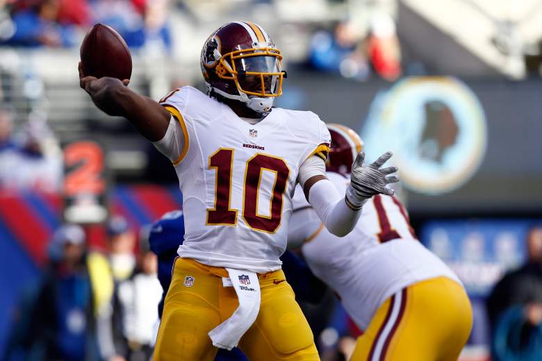 EAST RUTHERFORD, NJ - DECEMBER 14: Robert Griffin III #10 of the Washington Redskins throws a pass in the first half against the New York Giants during their game at MetLife Stadium on December 14, 2014 in East Rutherford, New Jersey. (Photo by Jeff Zelevansky/Getty Images)