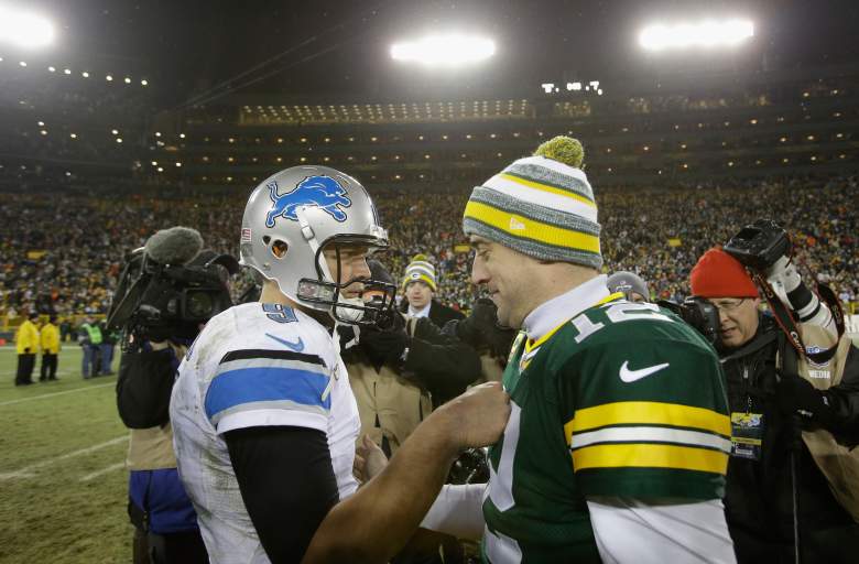 Stafford and Aaron Rodgers after a Week 17 matchup won last year by the Packers for the NFC North title. Getty)