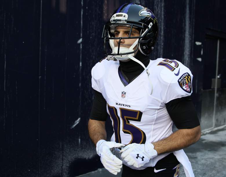 FOXBORO, MA - JANUARY 10:  Michael Campanaro #15 of the Baltimore Ravens takes the field for warm ups before the 2014 AFC Divisional Playoffs game against the New England Patriots at Gillette Stadium on January 10, 2015 in Foxboro, Massachusetts.  (Photo by Jared Wickerham/Getty Images)