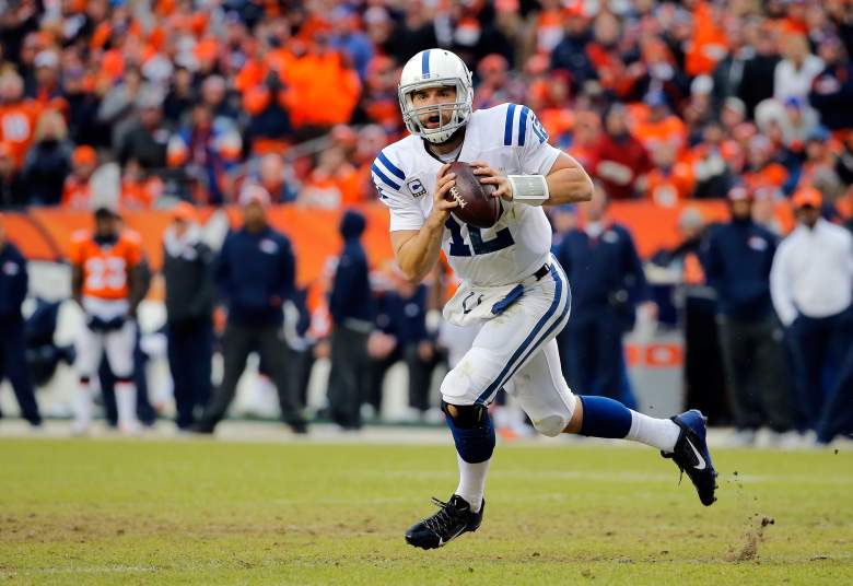 DENVER, CO - JANUARY 11: Andrew Luck #12 of the Indianapolis Colts scrambles against the Denver Broncos during a 2015 AFC Divisional Playoff game at Sports Authority Field at Mile High on January 11, 2015 in Denver, Colorado. (Photo by Doug Pensinger/Getty Images)