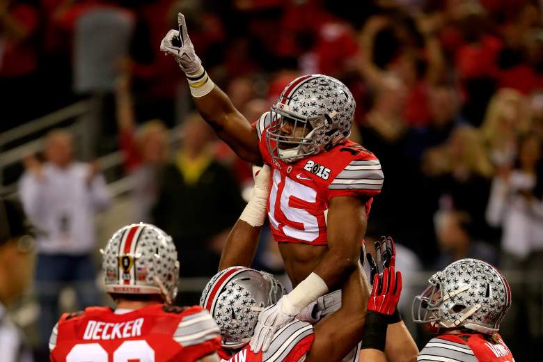 ARLINGTON, TX - JANUARY 12: Running back Ezekiel Elliott #15 of the Ohio State Buckeyes celebrates after scoring a 33 yard touchdown in the first quarter against the Oregon Ducks during the College Football Playoff National Championship Game at AT&T Stadium on January 12, 2015 in Arlington, Texas. (Photo by Jamie Squire/Getty Images)