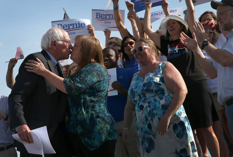 BURLINGTON, VT - MAY 26: U.S. Sen. Bernie Sanders (I-VT) kisses his wife, Jane O'Meara Sanders, before officially announcing his candidacy for the U.S. presidency during an event at Waterfront Park May 26, 2015 in Burlington, Vermont. Sanders will run as a Democrat in the presidential election and is former Secretary of State Hillary ClintonÕs first challenger for the Democratic nomination. (Photo by Win McNamee/Getty Images)
