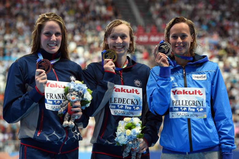 Ledecky (C) defeated two of the best 200m freestyle swimmers of all-time, Missy Franklin (L) and Federica Pellegrini. (Getty)