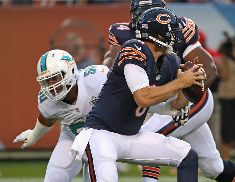 Jay Cutler was under pressure early in Chicago's win over Miami in the preseason opener. (Getty)