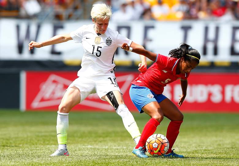 PITTSBURGH, PA - AUGUST 16: Megan Rapinoe #15 of the United States fights for the loose ball against Diana Saenz #5 of Costa Rica in the first half during the match at Heinz Field on August 16, 2015 in Pittsburgh, Pennsylvania. (Photo by Jared Wickerham/Getty Images)