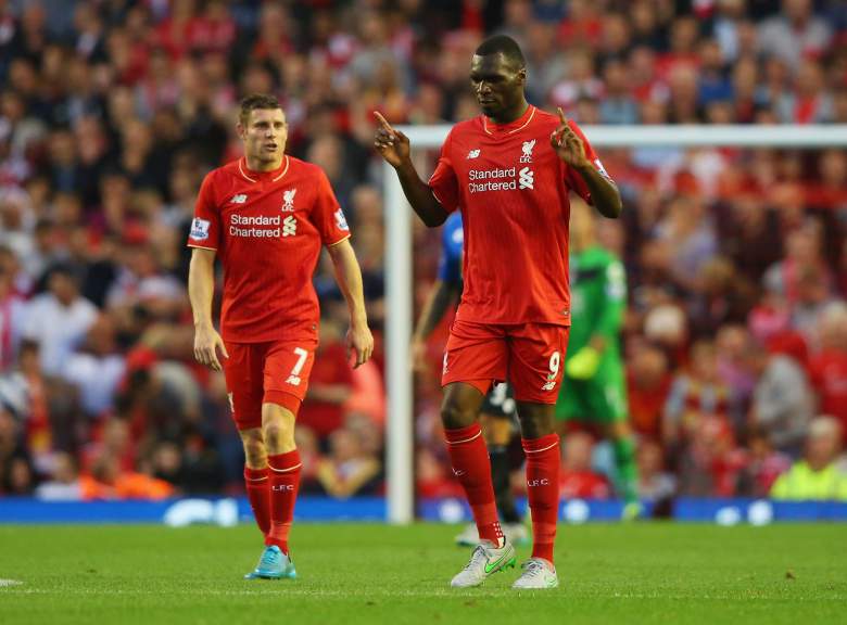 Christian Benteke R) scored his first goal for Liverpool on Monday.
