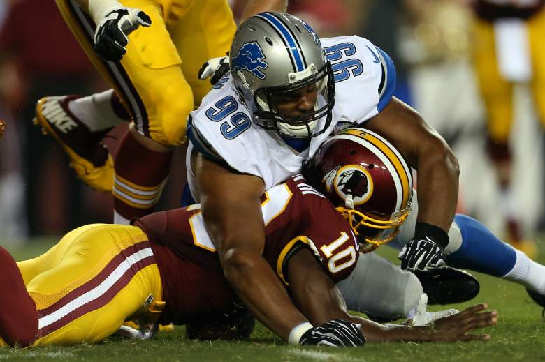 LANDOVER, MD - AUGUST 20: Quarterback Robert Griffin III #10 of the Washington Redskins is sacked by Corey Wootton #99 of the Detroit Lions during a preseason game at FedExField on August 20, 2015 in Landover, Maryland. (Photo by Matt Hazlett/Getty Images)