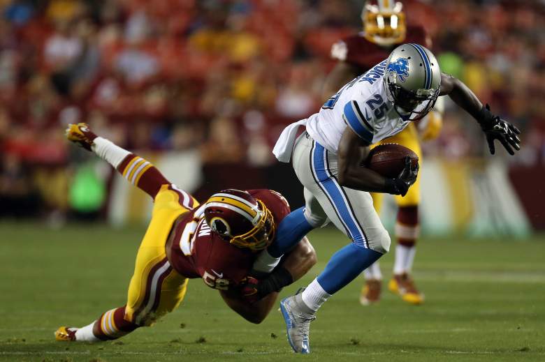 LANDOVER, MD - AUGUST 20: Theo Riddick #25 of the Detroit Lions is tackled by Keenan Robinson #52 of the Washington Redskins during a preseason game at FedEx Field on August 20, 2015 in Landover, Maryland. (Photo by Matt Hazlett/Getty Images)