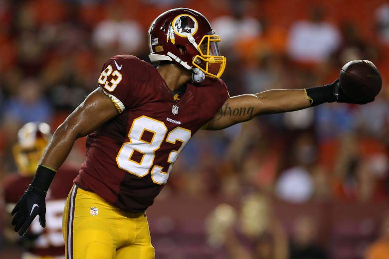 LANDOVER, MD - AUGUST 20: Chase Dixon #83 of the Washington Redskins celebrates after making a catch during a preseason game against the Detroit Lions at FedEx Field on August 20, 2015 in Landover, Maryland. (Photo by Matt Hazlett/Getty Images)