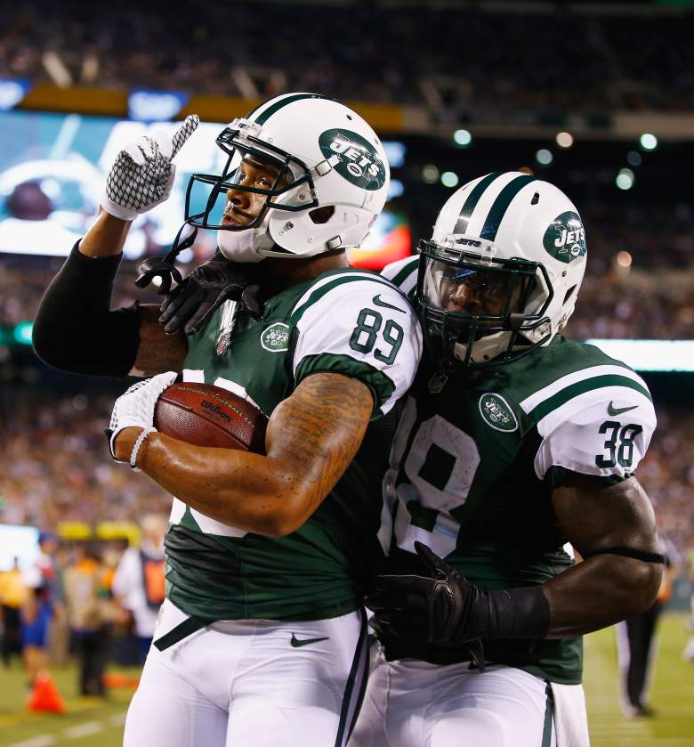 EAST RUTHERFORD, NJ - AUGUST 21: DeVier Posey #89 of the New York Jets celebrates his touchdown with Zac Stacy #38 against the Atlanta Falcons in the third quarter during their pre season game at MetLife Stadium on August 21, 2015 in East Rutherford, New Jersey. (Photo by Al Bello/Getty Images)