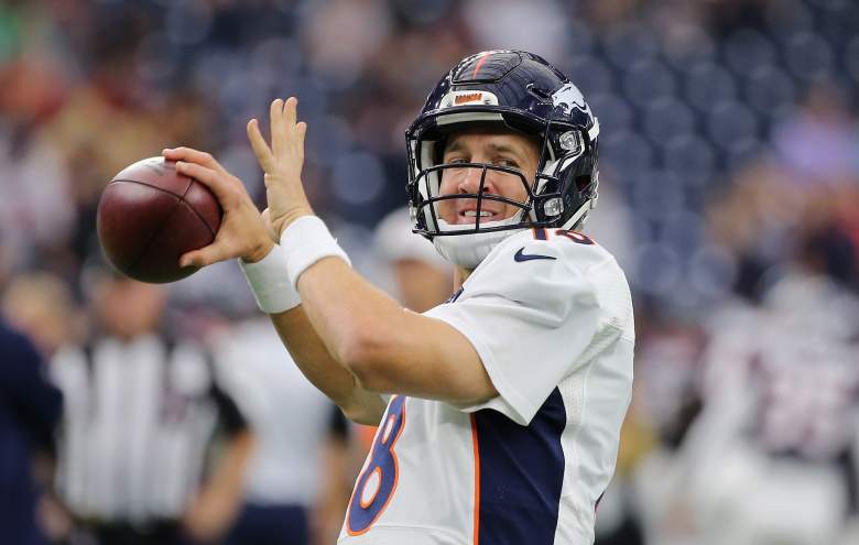 HOUSTON, TX - AUGUST 22: Peyton Manning #18 of the Denver Broncos works on the field before the start of their game against the Houston Texans at NRG Stadium on August 22, 2015 in Houston, Texas. (Photo by Scott Halleran/Getty Images)