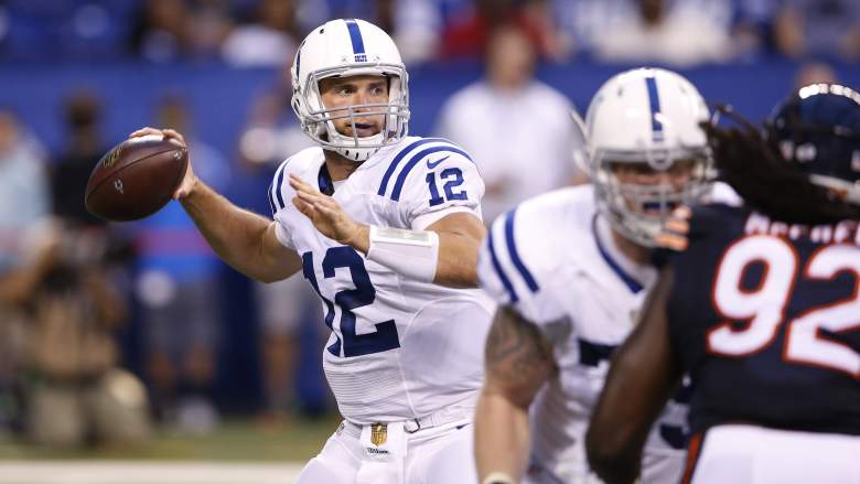 Andrew Luck hopes the Indianapolis Colts' offensive line fares better this week when it goes up against Robert Quinn, Aaron Donald and the formidable St. Louis Rams' front seven. (Getty)