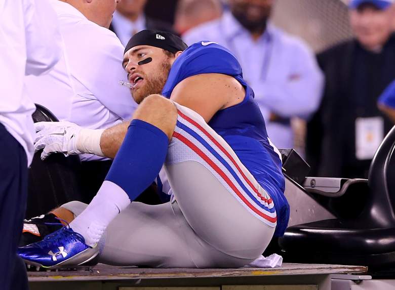EAST RUTHERFORD, NJ - AUGUST 22: Justin Currie #36 of the New York Giants is carted off the field after an injury against the Jacksonville Jaguars during preseason action at MetLife Stadium on August 22, 2015 in East Rutherford, New Jersey. (Photo by Elsa/Getty Images)