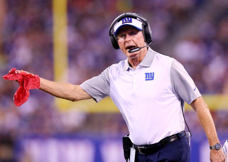 EAST RUTHERFORD, NJ - AUGUST 22: Head coach Tom Coughlin of the New York Giants challenges a call in the first quarter against the Jacksonville Jaguars during preseason action at MetLife Stadium on August 22, 2015 in East Rutherford, New Jersey. (Photo by Elsa/Getty Images)