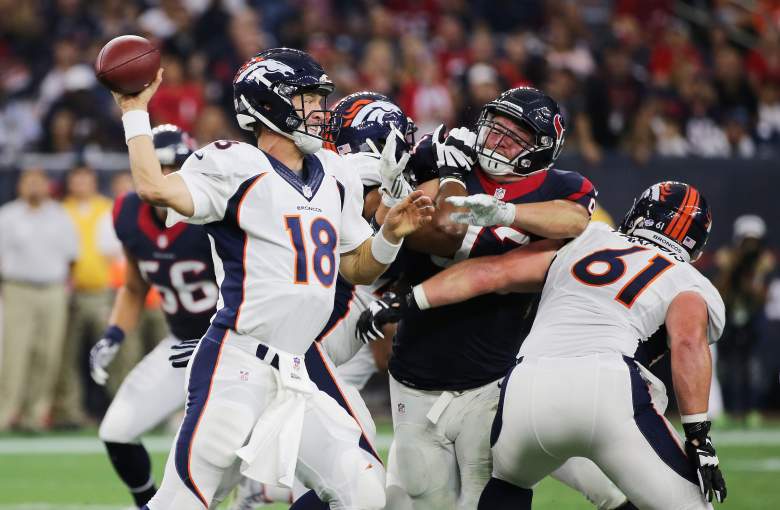 HOUSTON, TX - AUGUST 22:  Peyton Manning #18 of the Denver Broncos looks to pass in the first half of their game against the  Houston Texans at  NRG Stadium on August 22, 2015 in Houston, Texas.  (Photo by Scott Halleran/Getty Images)