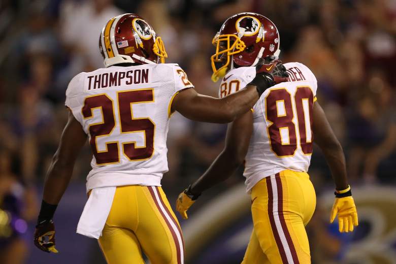 BALTIMORE, MD - AUGUST 29: Wide receiver Jamison Crowder #80 of the Washington Redskins celebrates with running back Chris Thompson #25 of the Washington Redskins after scoring a touchdown in the second quarter of a preseason game against the Baltimore Ravens at M&T Bank Stadium on August 29, 2015 in Baltimore, Maryland.  (Photo by Matt Hazlett/ Getty Images)