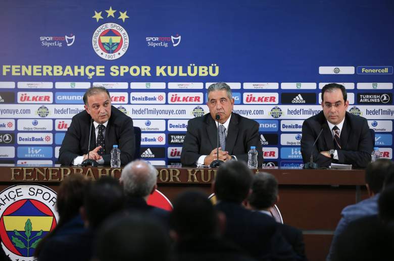 Fenerbahce vice-president Deniz Tolga Aytore (left) , Fenerbahce vice-president Mahmut Uslu (center) and Fenerbahce vice-president Sekip Mosturoglu (right) give a press conference at Sukru Saracoglu Stadium in Istanbul on April 6, 2015 after shots were fired at a Fenerbahce bus in Trabzonspor.  Getty)