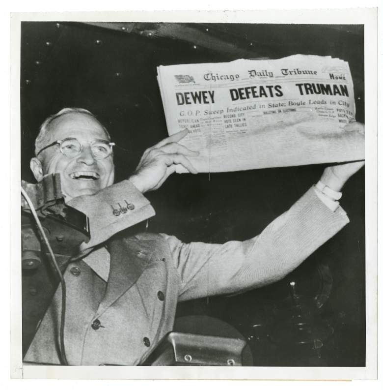In one of the great examples of polls being wrong, Harry Truman holds up an early version of the Chicago Tribune pronouncing that New York Governor Thomas Dewey defeated the incumbent president. (Library of Congress)