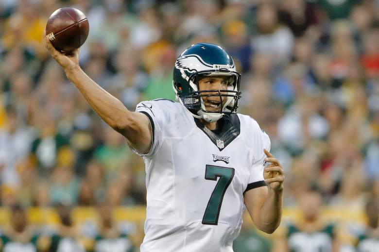 GREEN BAY, WI - AUGUST 29: Sam Bradford #7 of the Philadelphia Eagles passes the ball against the Green Bay Packers during the first quarter in a preseason game at Lambeau Field on August 29, 2015 in Green Bay, Wisconsin. (Photo by Jon Durr/Getty Images)