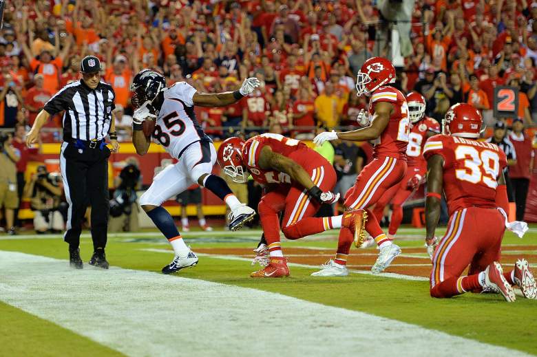 Virgil Green (L) caught a touchdown pass for Denver against Kansas City last Thursday. (Getty)