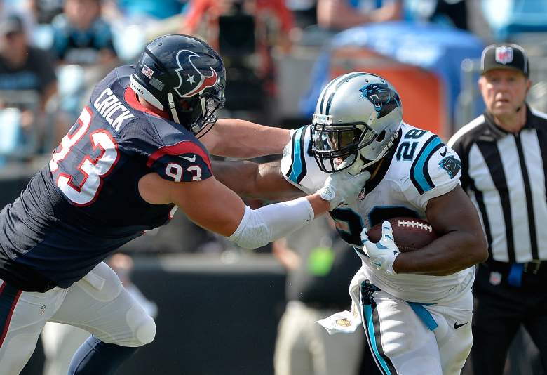 Jonathan Stewart (R) has struggled to get going, rushing for 3.4 yards per carry and no touchdowns in two games. (Getty)