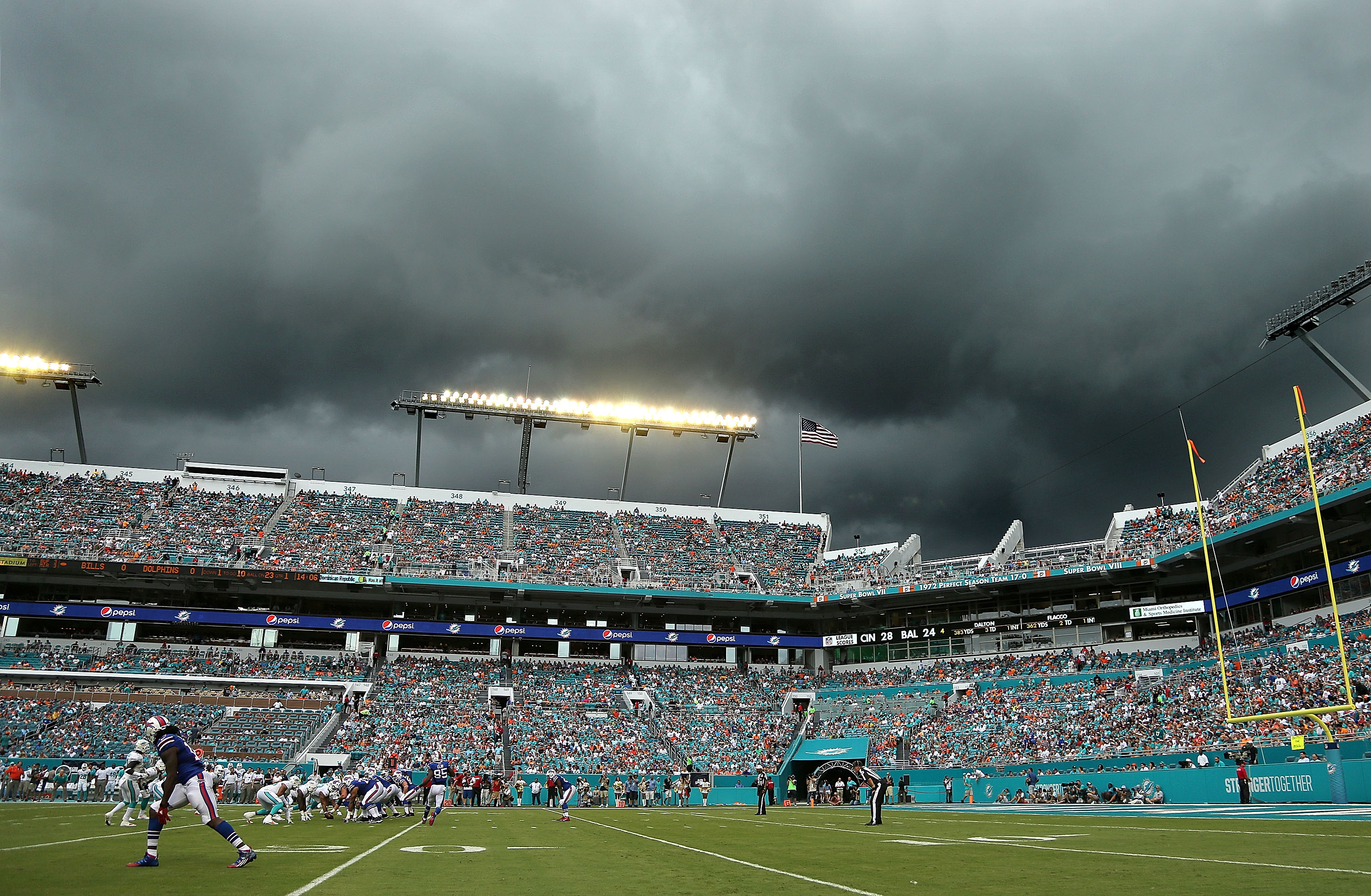 The Bills destroyed the Dolphins in a gloomy home opener for Miami (Getty). 