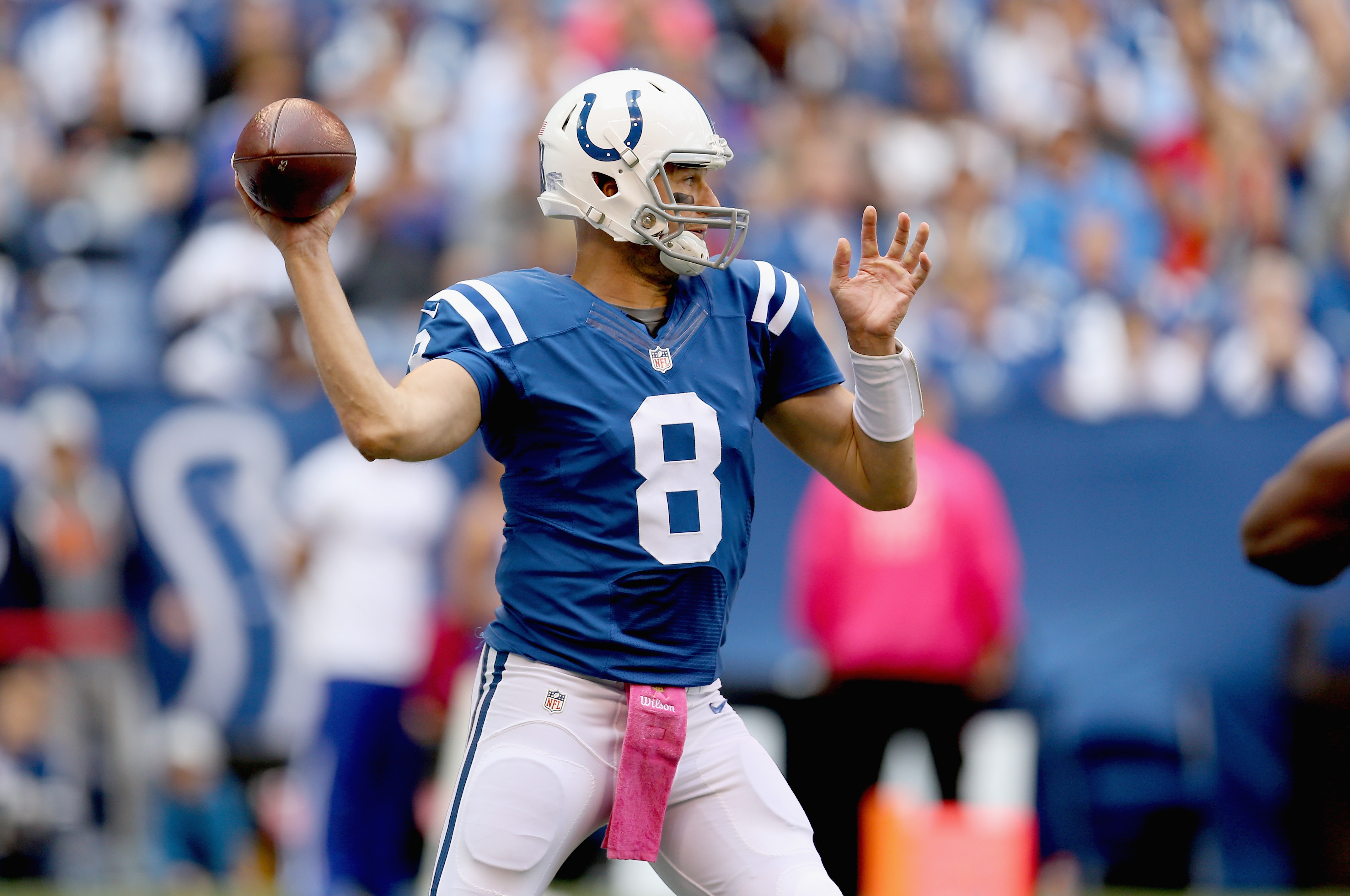 Matt Hasselbeck has completed passes to five different receivers in the first half. (Getty)