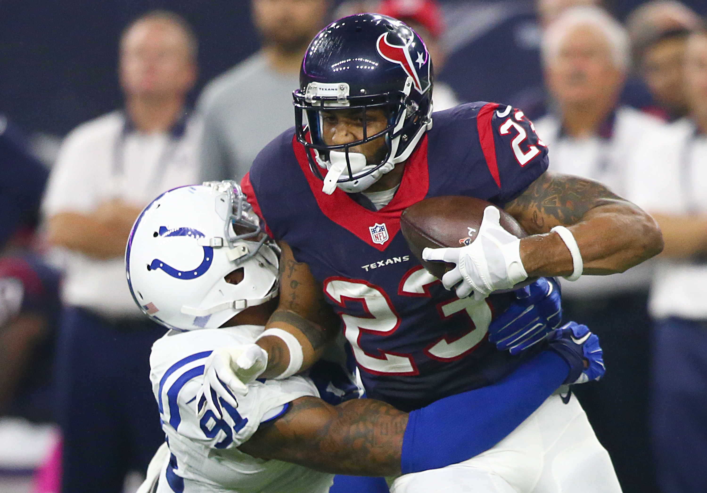Arian Foster had a solid start against the Colts but left before halftime with concussion symptoms. (Getty)