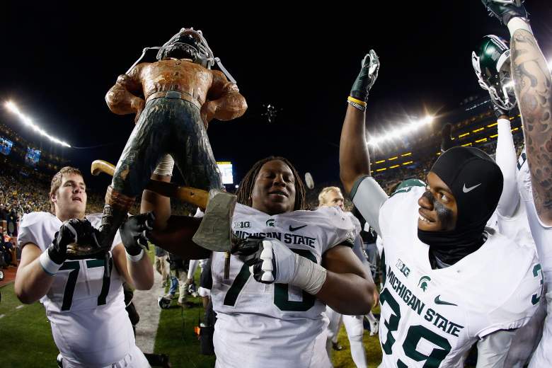 The Spartans celebrated a shocking victory. (Getty)
