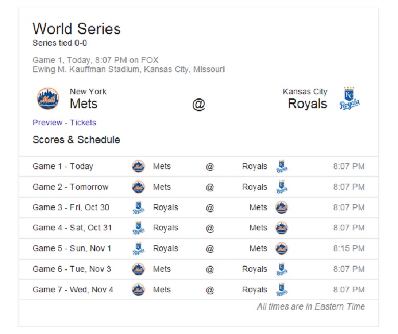 World Series 2015 Schedule Games 1, 2, 3, 4, 5, 6, 7 Dates