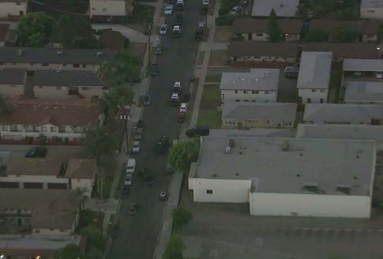 The scene after the arrest of suspects in the Galvez shooting. (Screengrab via KTLA)