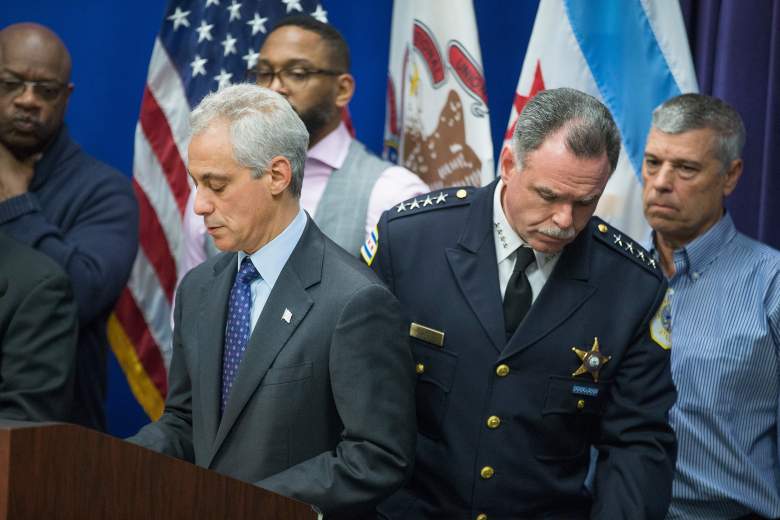 CHICAGO, IL - NOVEMBER 24: Mayor Rahm Emanuel (L) and Chicago Police Superintendent Garry McCarthy hold a press conference to address the arrest of Chicago Police officer Jason Van Dyke on November 24, 2015 in Chicago, Illinois. Van Dyke has been charged with first degree murder for shooting 17-year-old Laquan McDonald 16 times on October 20, 2014 after responding to a call of a knife wielding man who had threatened the complainant and was attempting to break into vehicles in a trucking yard. Emanuel and McCarthy announced they were releasing police video of the shooting during the press conference. (Photo by Scott Olson/Getty Images)