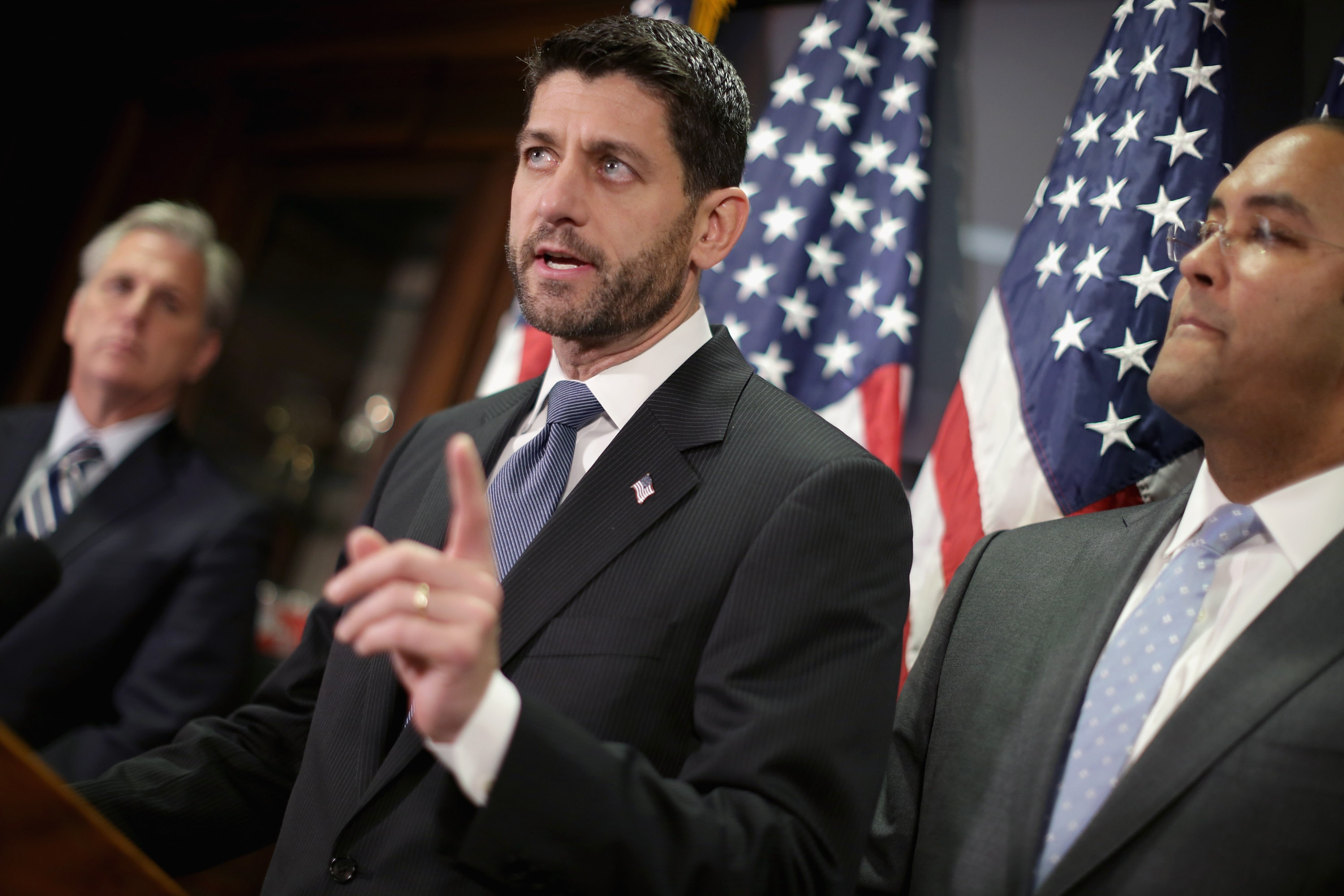 Speaker of the House Paul Ryan, R-WI, and members of the House GOP leadership, including Majority Leader Kevin McCarthy, R-CA, and Rep. Will Hurd, R-TX, hold a news briefing. (Getty)