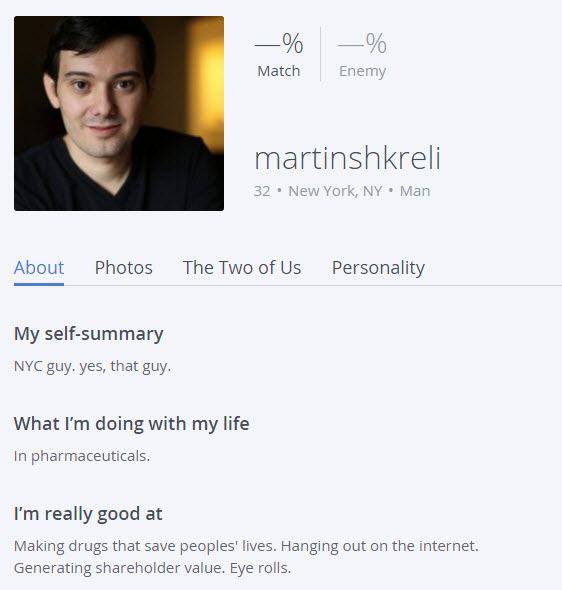 Martin Shkreli okupid, martin shkreli dating profile
