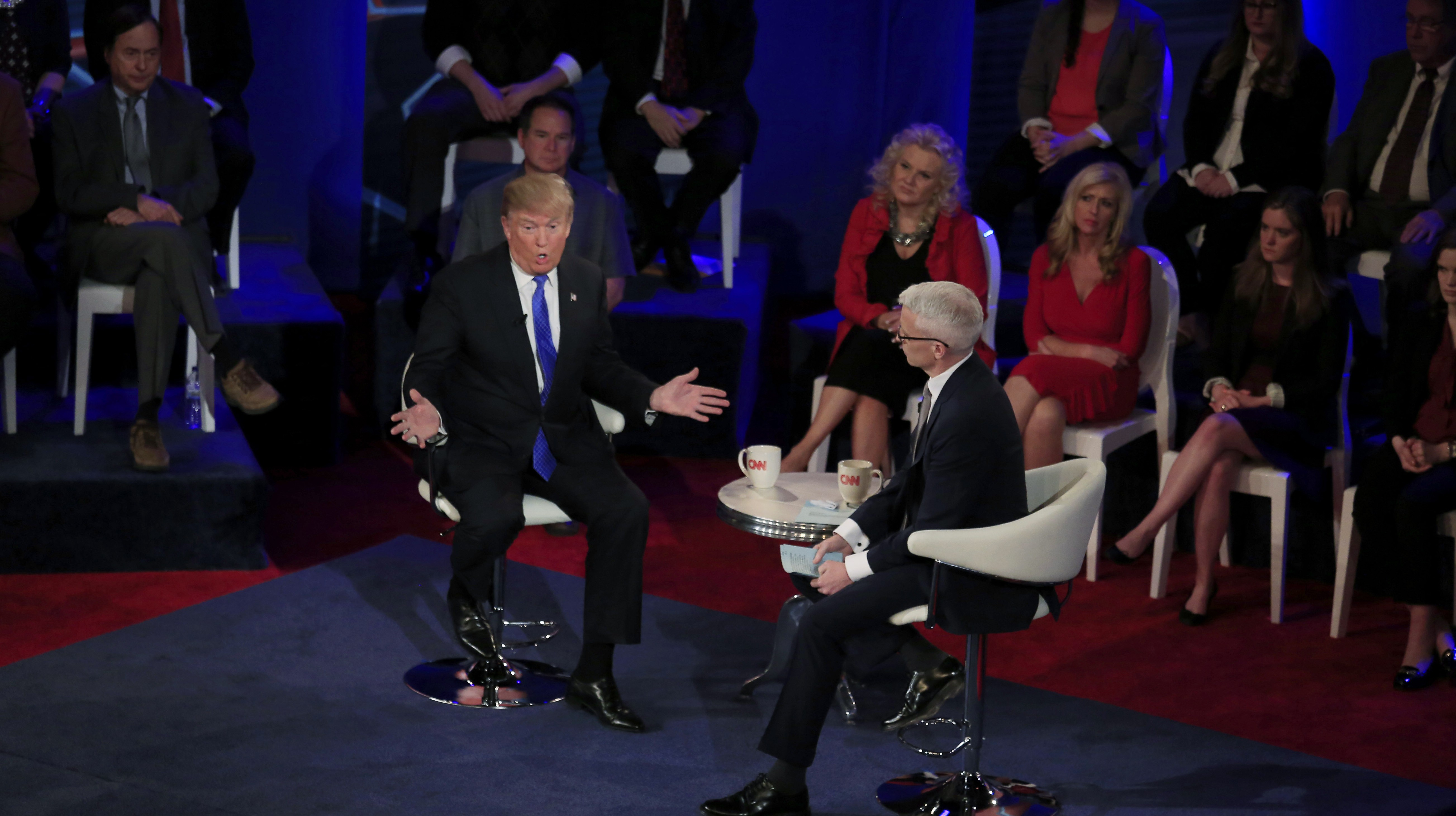 Republican Presidential candidate Donald Trump takes part in a town hall event moderated by Anderson Cooper March 29, 2016 in Milwaukee, Wisconsin. (Getty)
